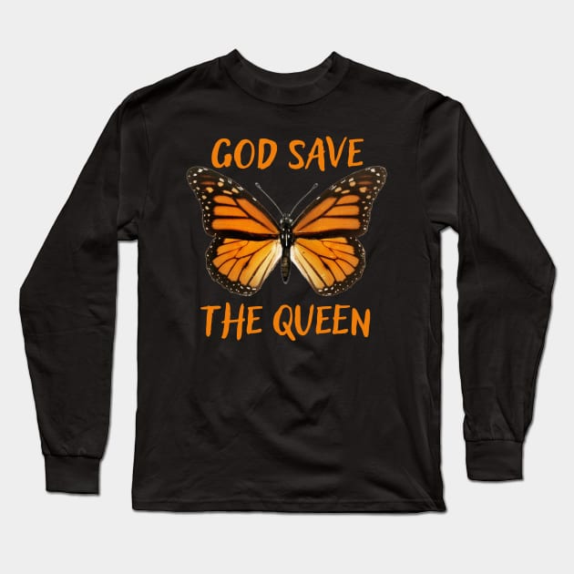 God Save the Queen Monarch Butterfly Long Sleeve T-Shirt by FrogAndToadsWorkshop